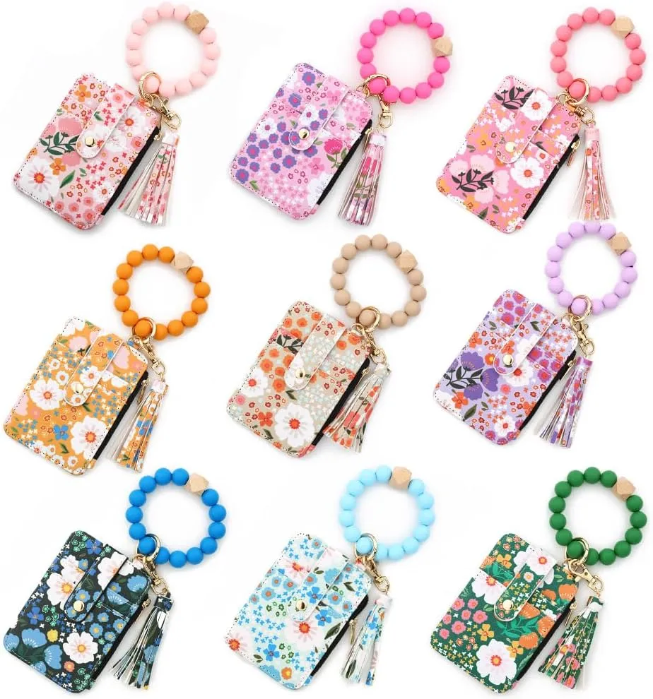 Boho Style Beaded Tassel Keychain Wallet, Womens Boho Beaded Wristlet, Keychain with Flower Pattern Wallet