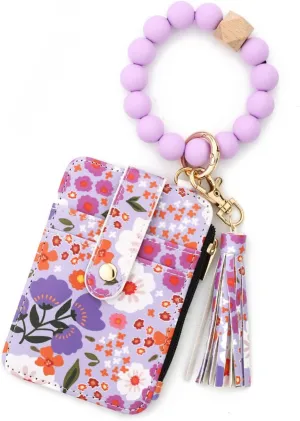 Boho Style Beaded Tassel Keychain Wallet, Womens Boho Beaded Wristlet, Keychain with Flower Pattern Wallet