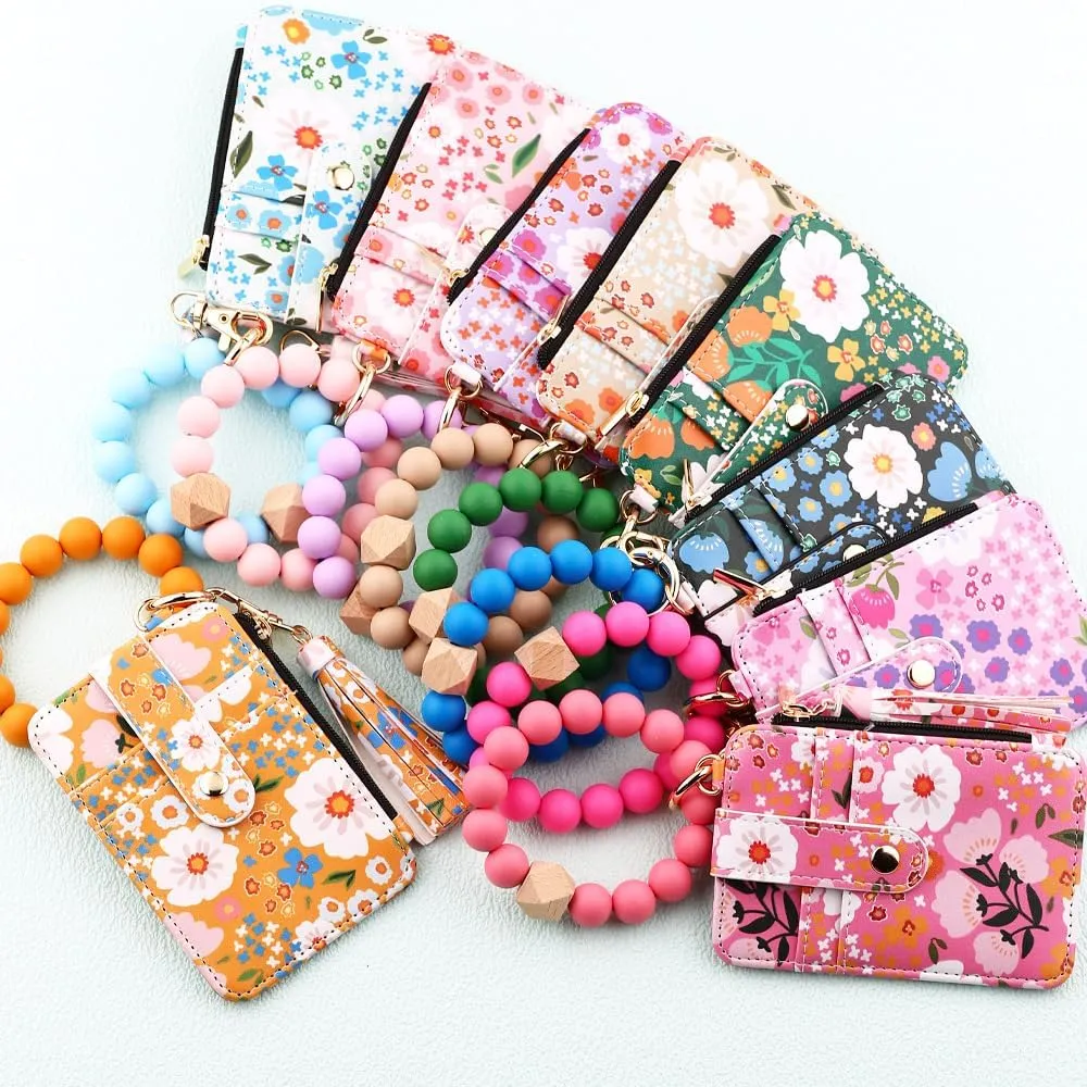Boho Style Beaded Tassel Keychain Wallet, Womens Boho Beaded Wristlet, Keychain with Flower Pattern Wallet