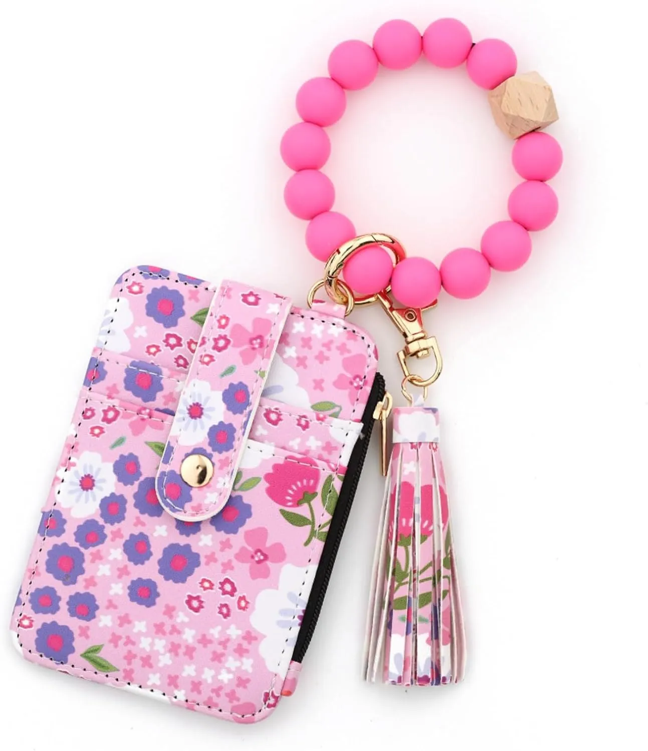 Boho Style Beaded Tassel Keychain Wallet, Womens Boho Beaded Wristlet, Keychain with Flower Pattern Wallet