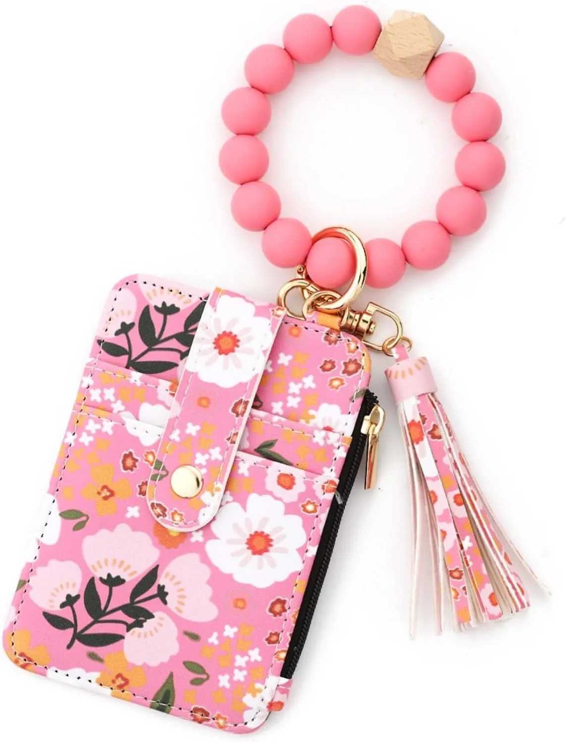 Boho Style Beaded Tassel Keychain Wallet, Womens Boho Beaded Wristlet, Keychain with Flower Pattern Wallet