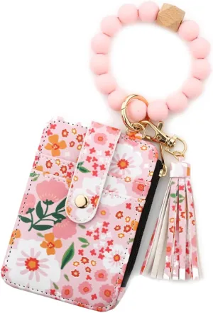 Boho Style Beaded Tassel Keychain Wallet, Womens Boho Beaded Wristlet, Keychain with Flower Pattern Wallet