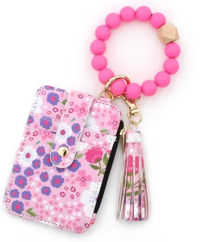 Boho Style Beaded Tassel Keychain Wallet, Womens Boho Beaded Wristlet, Keychain with Flower Pattern Wallet