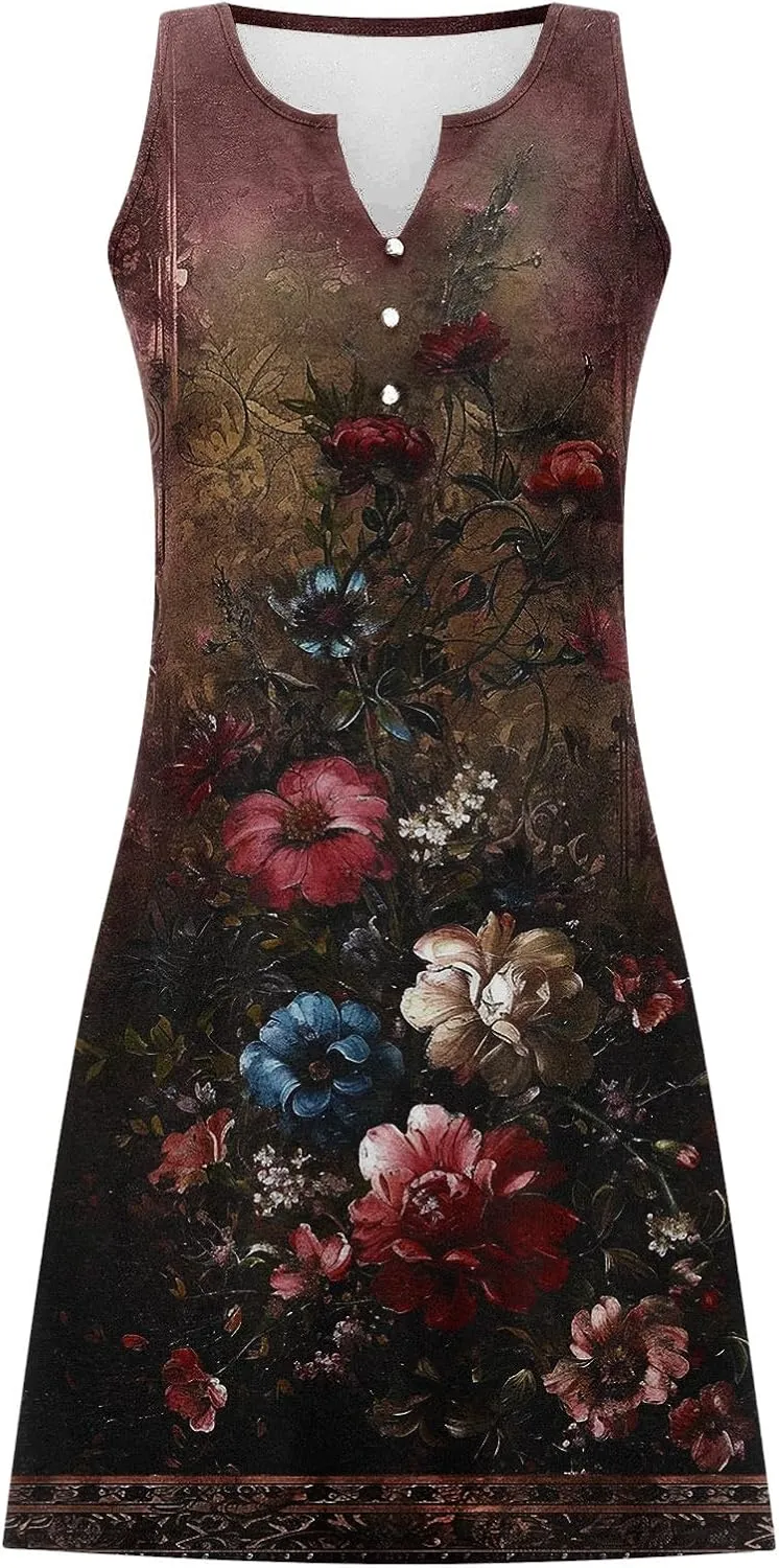 Boho Sundress for Women Summer Casual Loose Button Up Sleeveless Tank Dress Beach Vacation Retro Floral Mini Dresses
