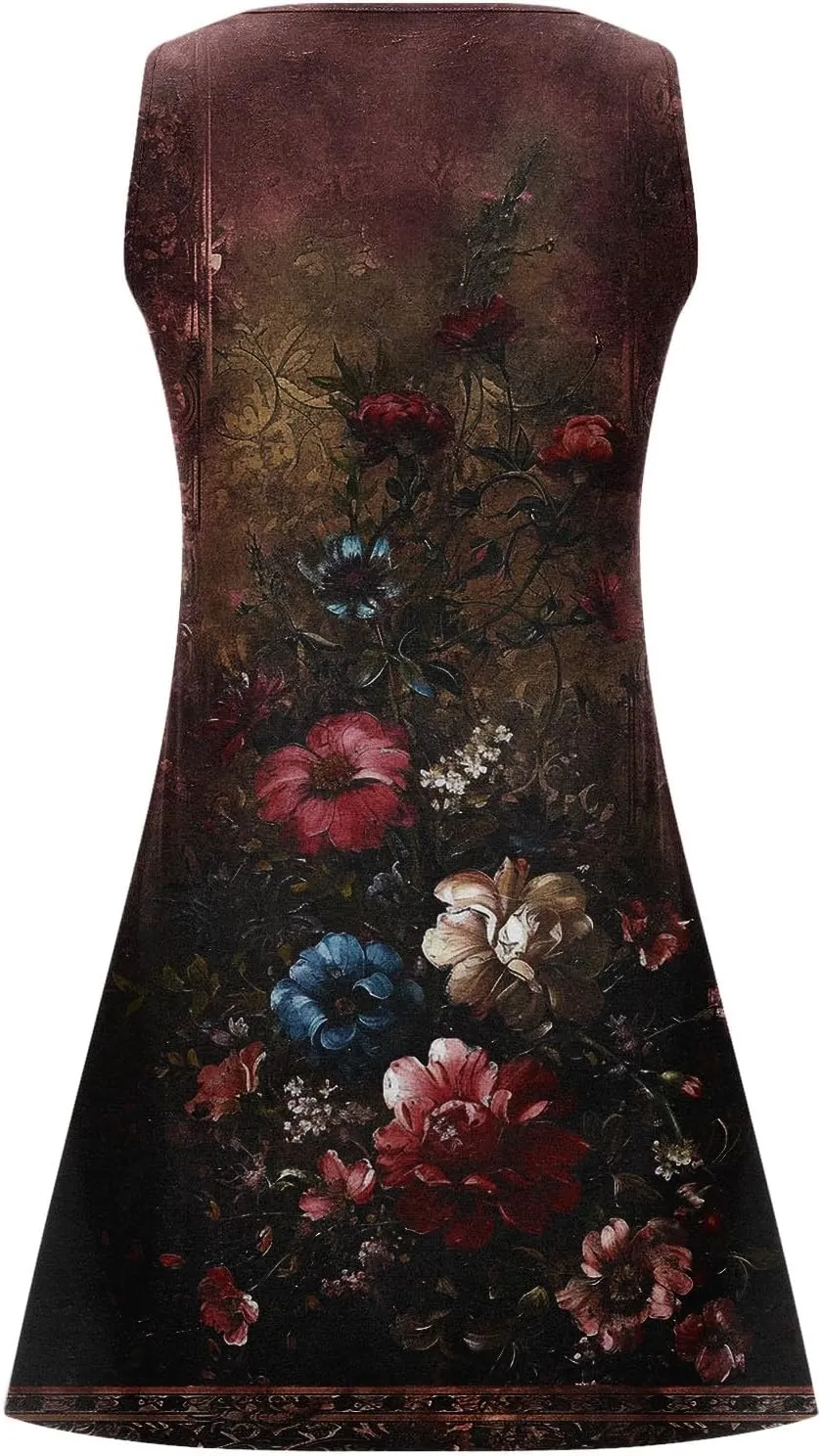 Boho Sundress for Women Summer Casual Loose Button Up Sleeveless Tank Dress Beach Vacation Retro Floral Mini Dresses