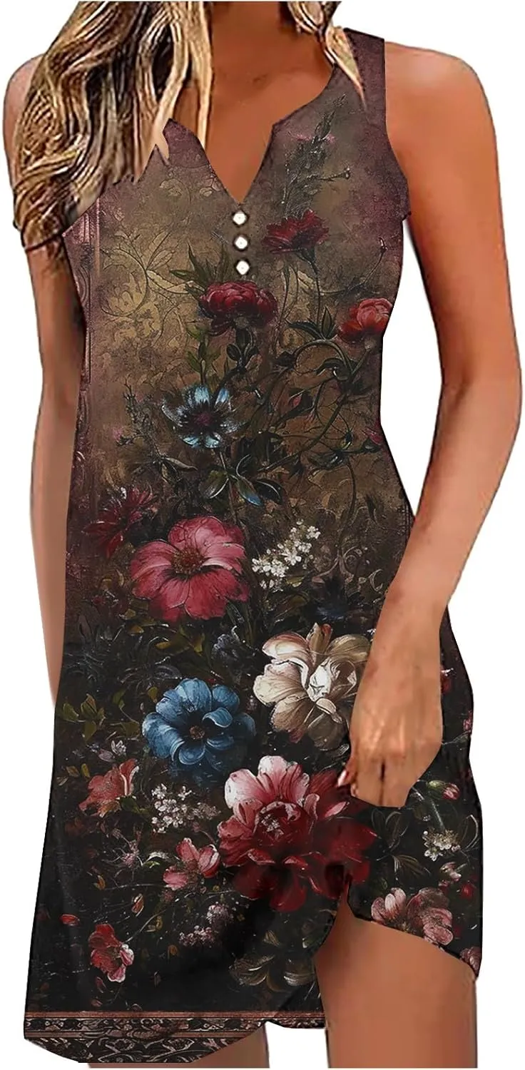 Boho Sundress for Women Summer Casual Loose Button Up Sleeveless Tank Dress Beach Vacation Retro Floral Mini Dresses