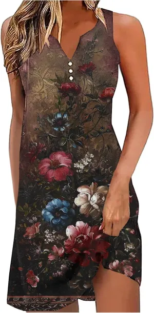 Boho Sundress for Women Summer Casual Loose Button Up Sleeveless Tank Dress Beach Vacation Retro Floral Mini Dresses