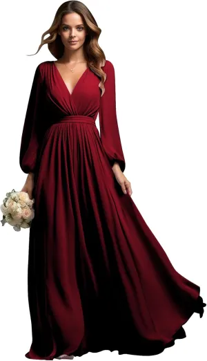 BOLENSYE Women's Bridesmaid Dresses with Sleeves V Neck Long Slit Formal Evening Party Gown