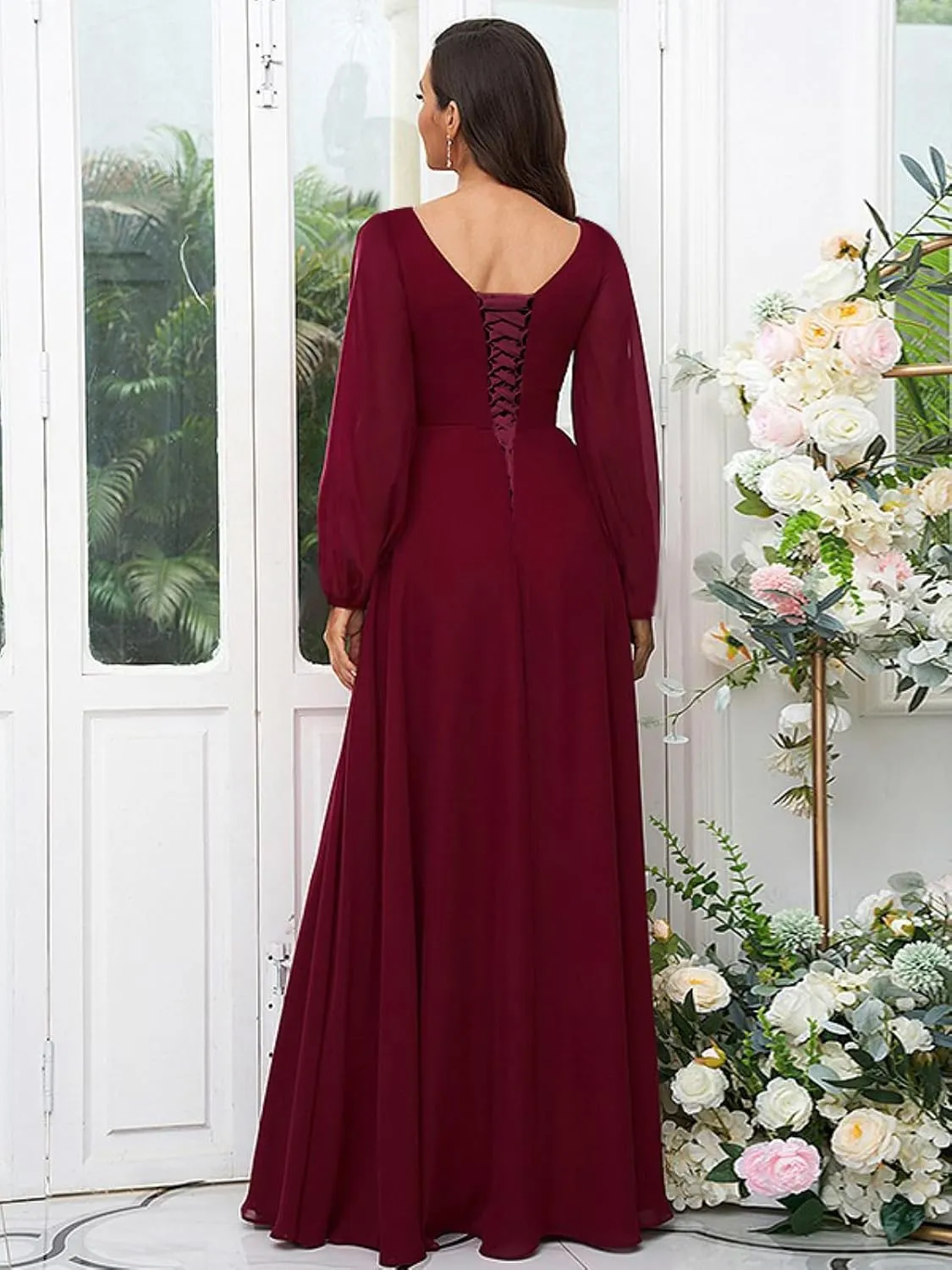 BOLENSYE Women's Bridesmaid Dresses with Sleeves V Neck Long Slit Formal Evening Party Gown