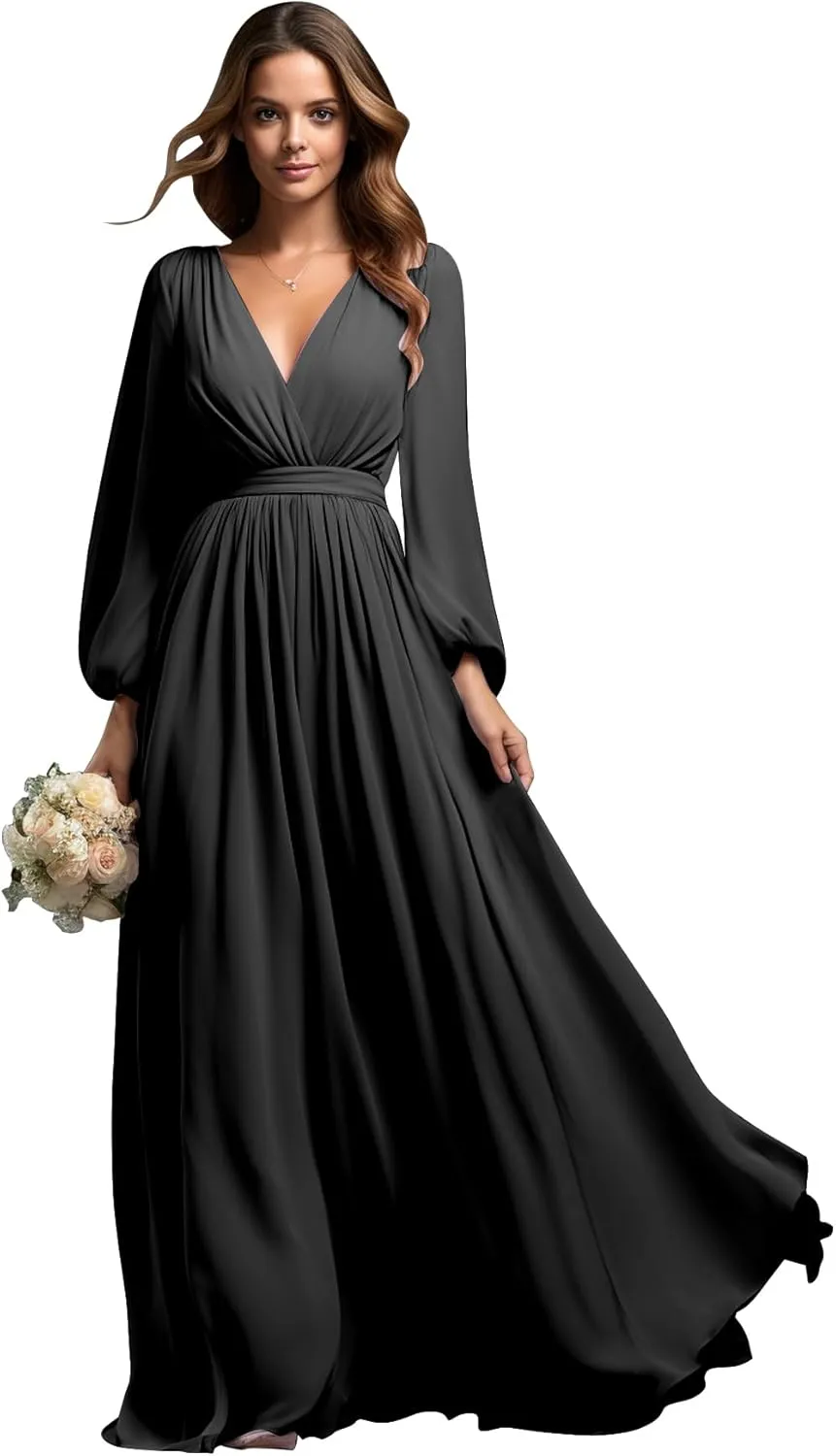 BOLENSYE Women's Bridesmaid Dresses with Sleeves V Neck Long Slit Formal Evening Party Gown