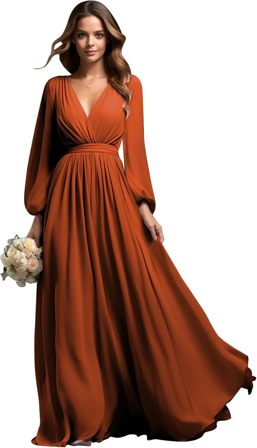BOLENSYE Women's Bridesmaid Dresses with Sleeves V Neck Long Slit Formal Evening Party Gown