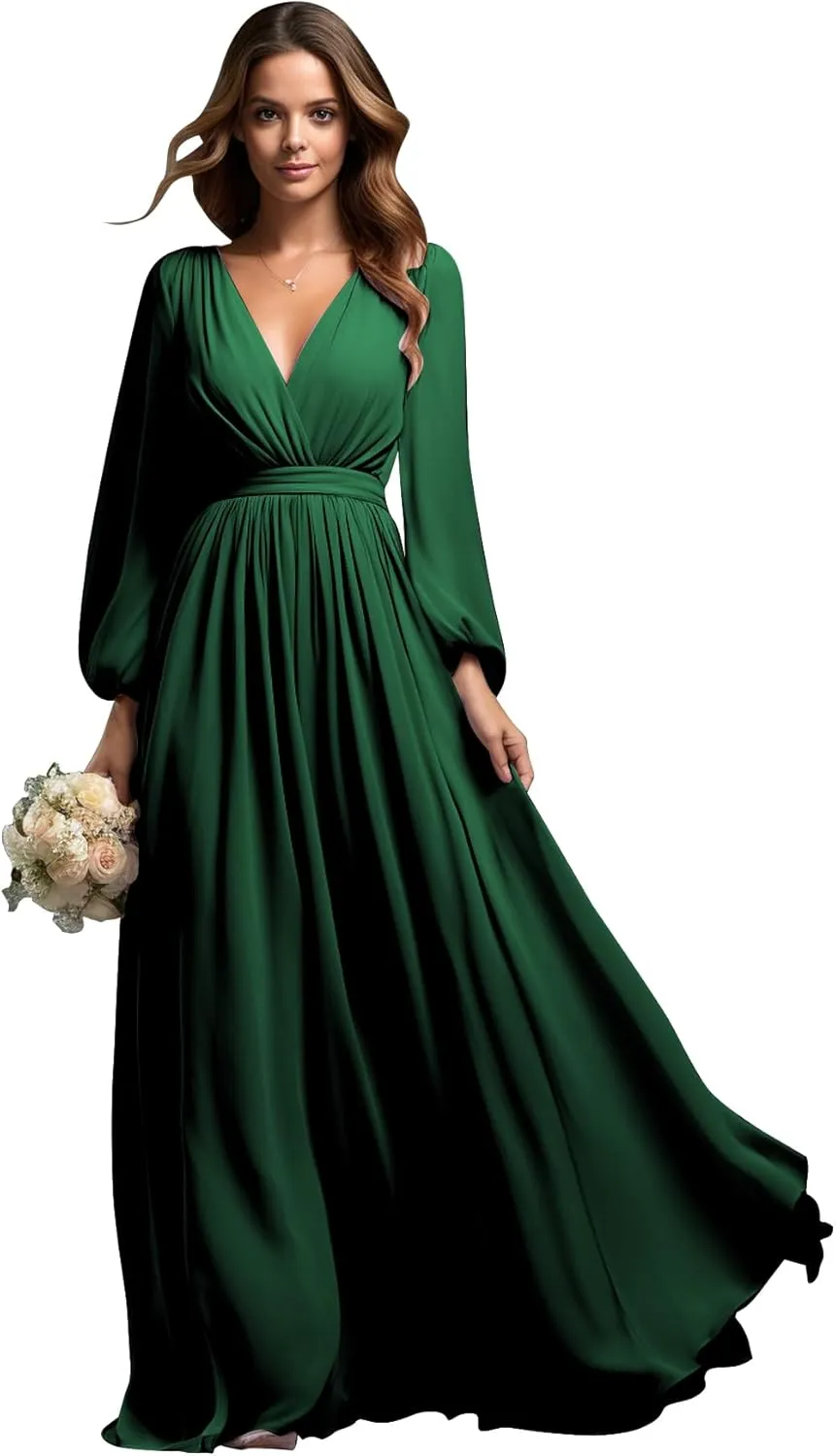 BOLENSYE Women's Bridesmaid Dresses with Sleeves V Neck Long Slit Formal Evening Party Gown