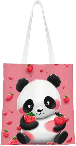 Canvas Tote Bag Aesthetic for Women Cartoon Strawberry Panda Shopping Bags Large Tote Shoulder Bag Reusable Grocery Bags Hobo Bags Casual Handbags Cute Cloth Bags Birthday Gifts