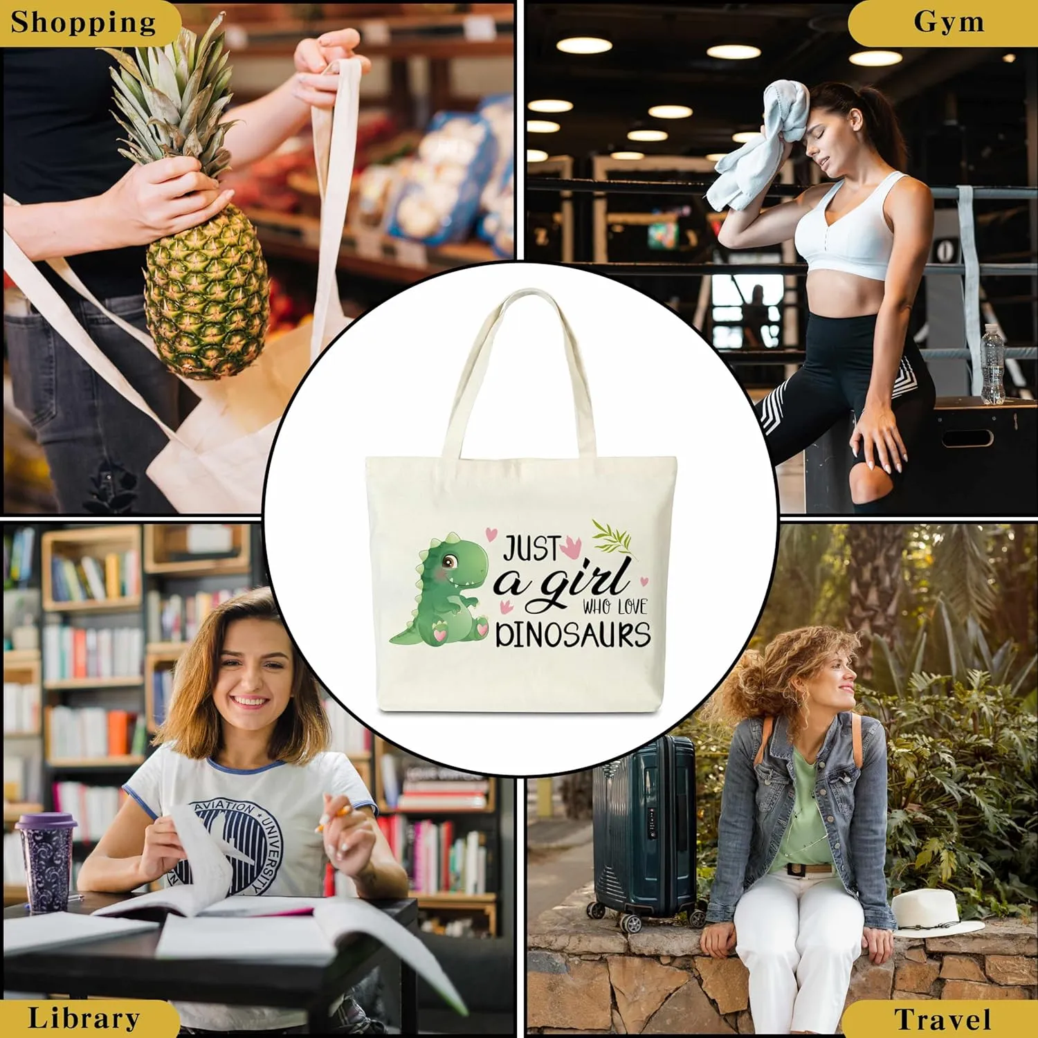 Canvas Tote Bag, Dinosaurs Lover Gift Tote Bags for Women Travel Shopping Beach - G