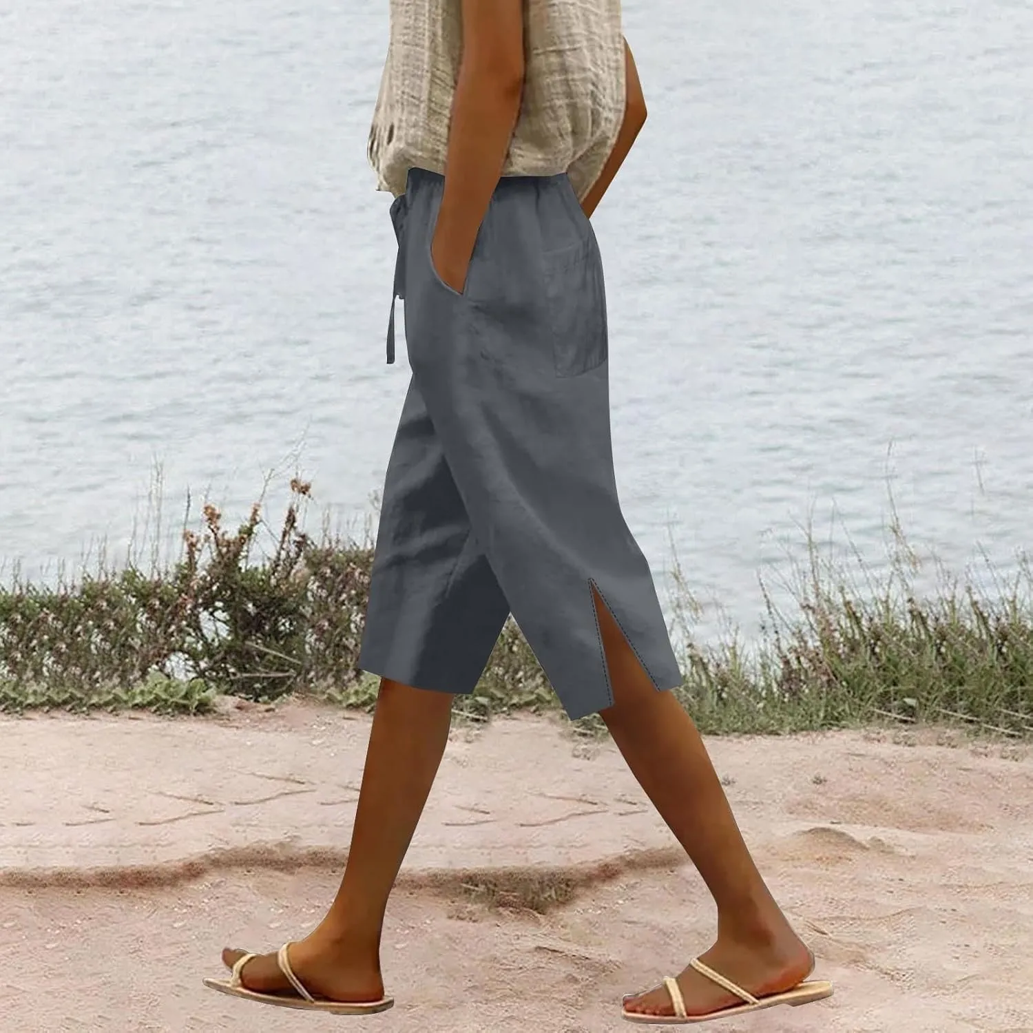 Capris Linen Pants for Women 2025 Summer Wide Leg Causal Beach Shorts Elastic High Waist Linen Trousers with Pockets
