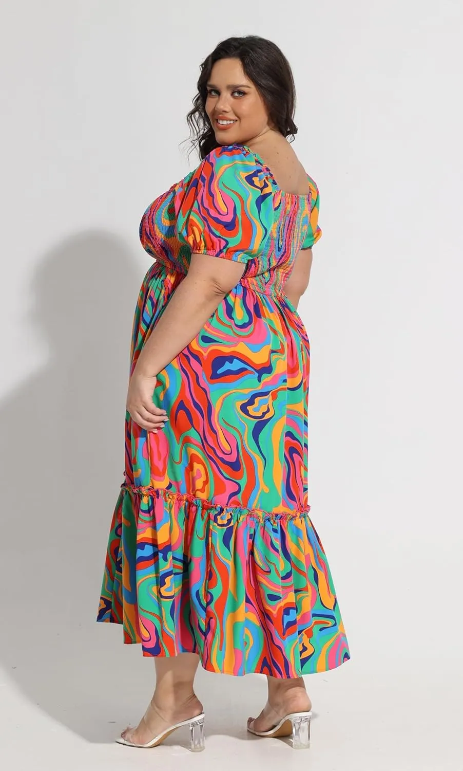 CARCOS Plus Size Dresses for Curvy Women Off Shoulder Square Neck Puff Sleeve Smocked Maxi Summer Dresses with Pocket XL-5XL