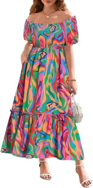 CARCOS Plus Size Dresses for Curvy Women Off Shoulder Square Neck Puff Sleeve Smocked Maxi Summer Dresses with Pocket XL-5XL