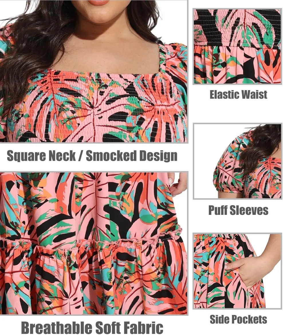 CARCOS Plus Size Dresses for Curvy Women Off Shoulder Square Neck Puff Sleeve Smocked Maxi Summer Dresses with Pocket XL-5XL