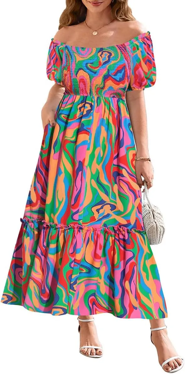 CARCOS Plus Size Dresses for Curvy Women Off Shoulder Square Neck Puff Sleeve Smocked Maxi Summer Dresses with Pocket XL-5XL