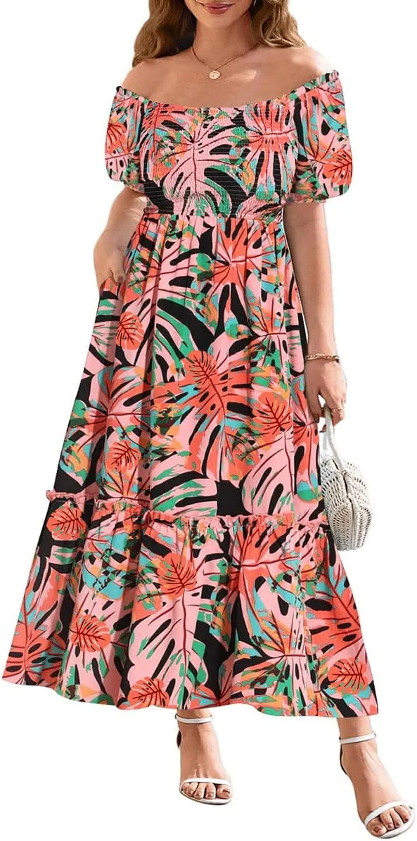 CARCOS Plus Size Dresses for Curvy Women Off Shoulder Square Neck Puff Sleeve Smocked Maxi Summer Dresses with Pocket XL-5XL
