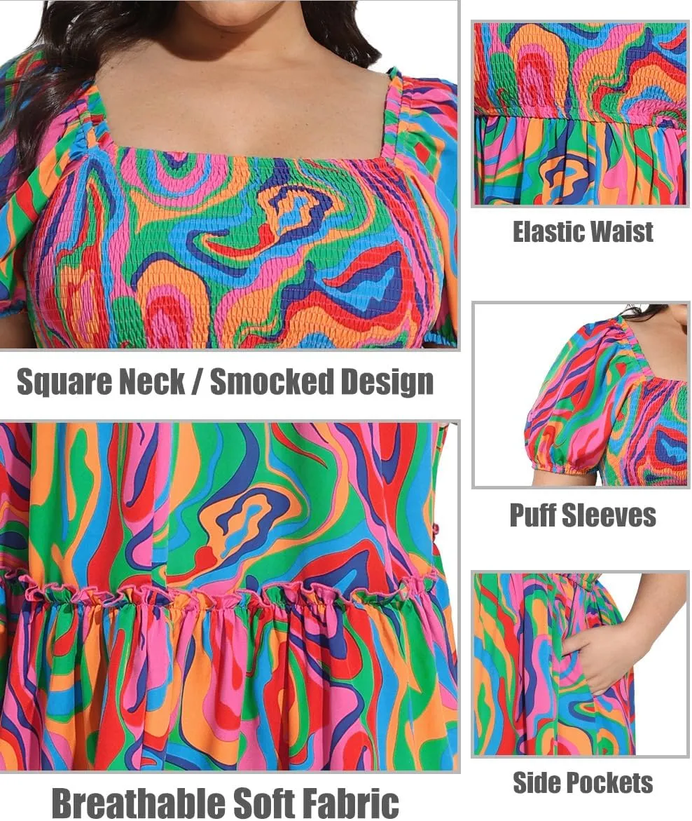 CARCOS Plus Size Dresses for Curvy Women Off Shoulder Square Neck Puff Sleeve Smocked Maxi Summer Dresses with Pocket XL-5XL
