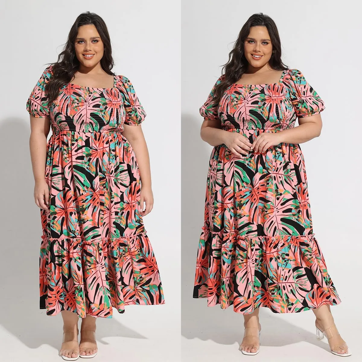 CARCOS Plus Size Dresses for Curvy Women Off Shoulder Square Neck Puff Sleeve Smocked Maxi Summer Dresses with Pocket XL-5XL