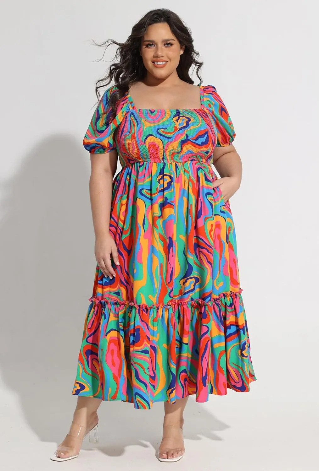 CARCOS Plus Size Dresses for Curvy Women Off Shoulder Square Neck Puff Sleeve Smocked Maxi Summer Dresses with Pocket XL-5XL