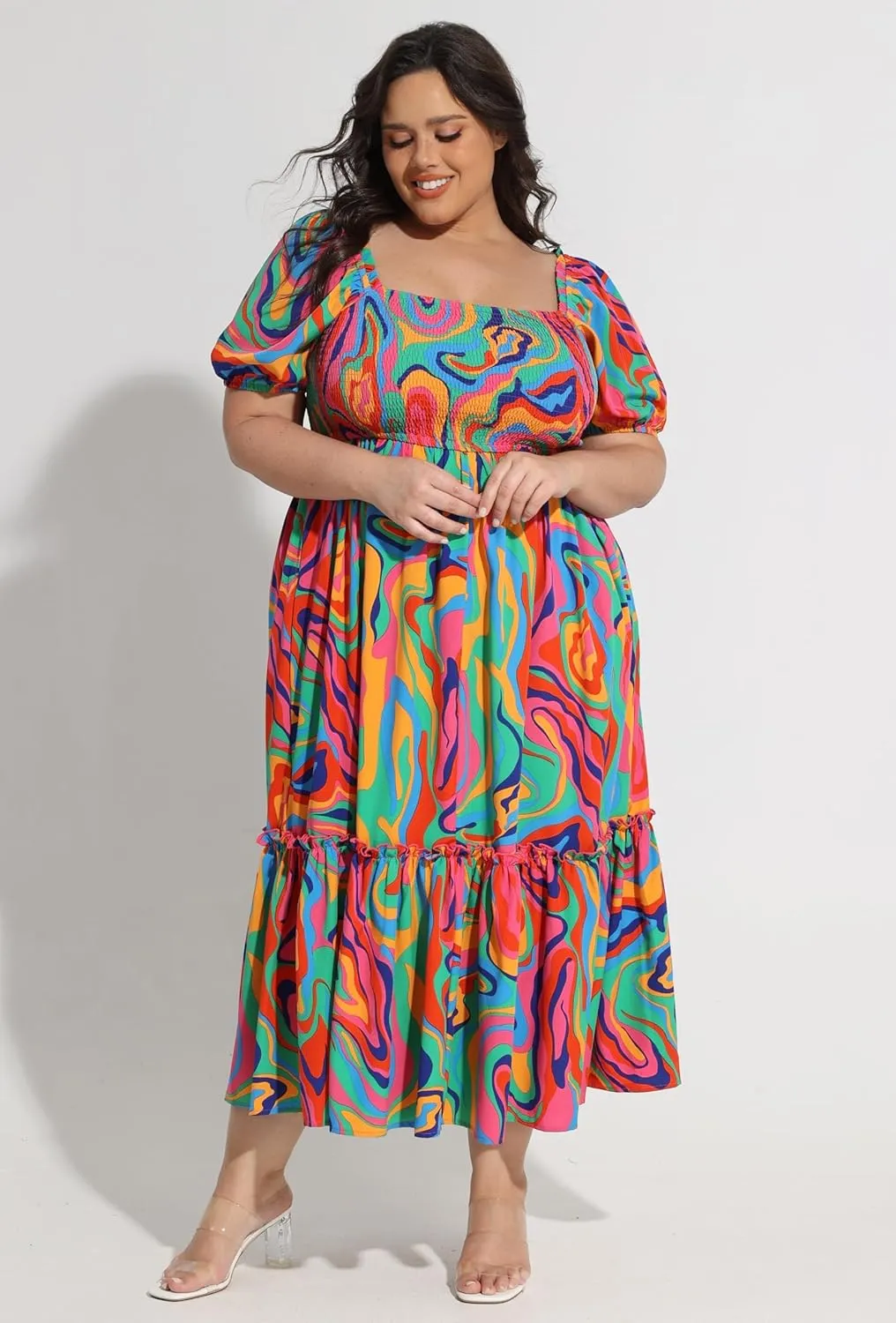 CARCOS Plus Size Dresses for Curvy Women Off Shoulder Square Neck Puff Sleeve Smocked Maxi Summer Dresses with Pocket XL-5XL