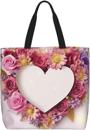Card Heart Shape Flowers Tote Bag for Women Hobo Handbags with Zipper Large Shoulder Bag Shopping Bags Travel Purse