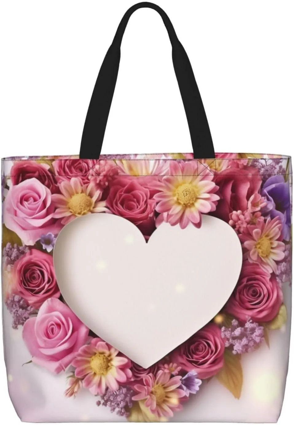 Card Heart Shape Flowers Tote Bag for Women Hobo Handbags with Zipper Large Shoulder Bag Shopping Bags Travel Purse