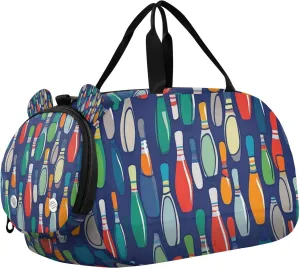 Cartoon Bowling Pin Duffle Bag for Kids Girls Boys, Sports Gym Bag with Shoe Compartments, Kids Travel Overnight Weekender Shoulder Bag