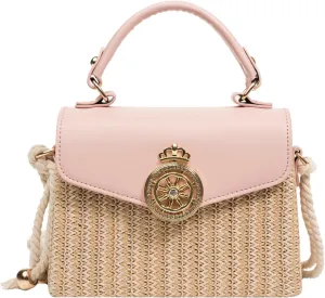 Chic Lock Buckle Square Bag Versatile Shoulder Handheld Crossbody Straw Box Purse Handle