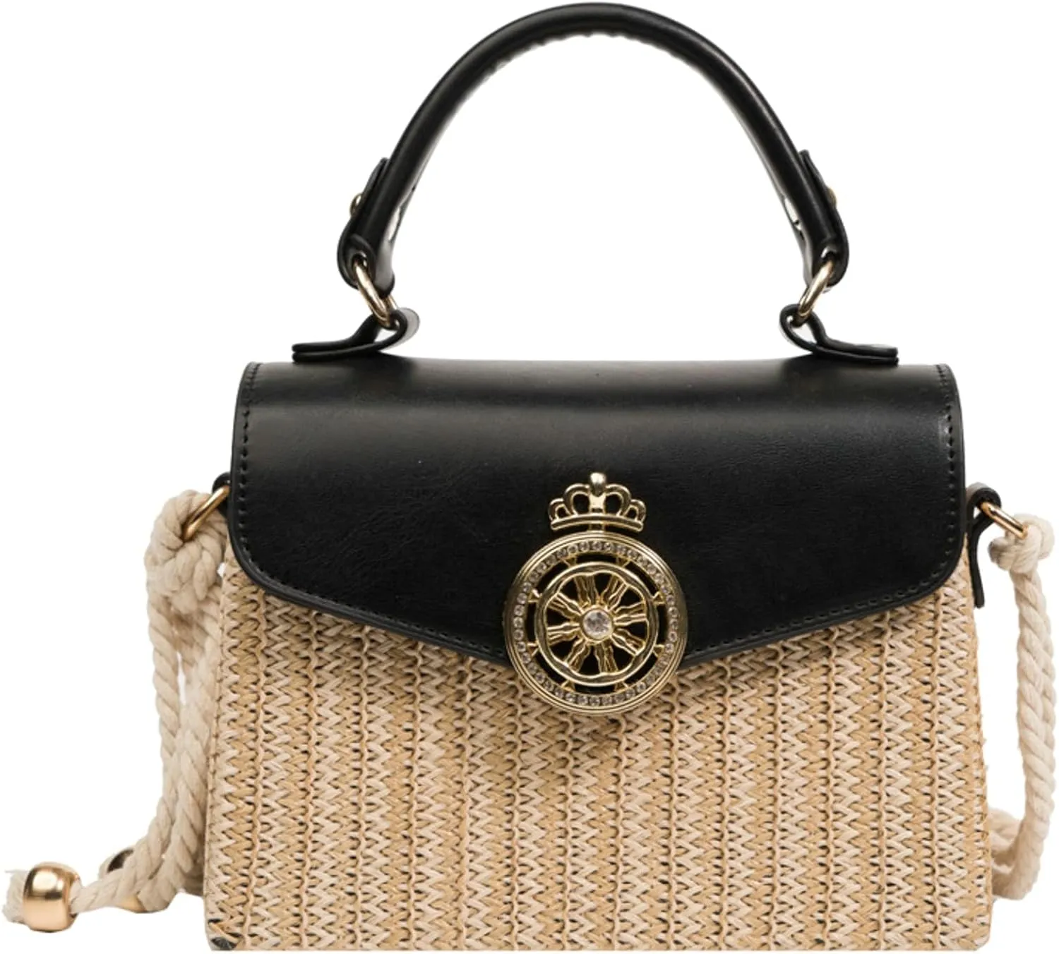 Chic Lock Buckle Square Bag Versatile Shoulder Handheld Crossbody Straw Box Purse Handle