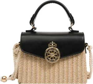 Chic Lock Buckle Square Bag Versatile Shoulder Handheld Crossbody Straw Box Purse Handle