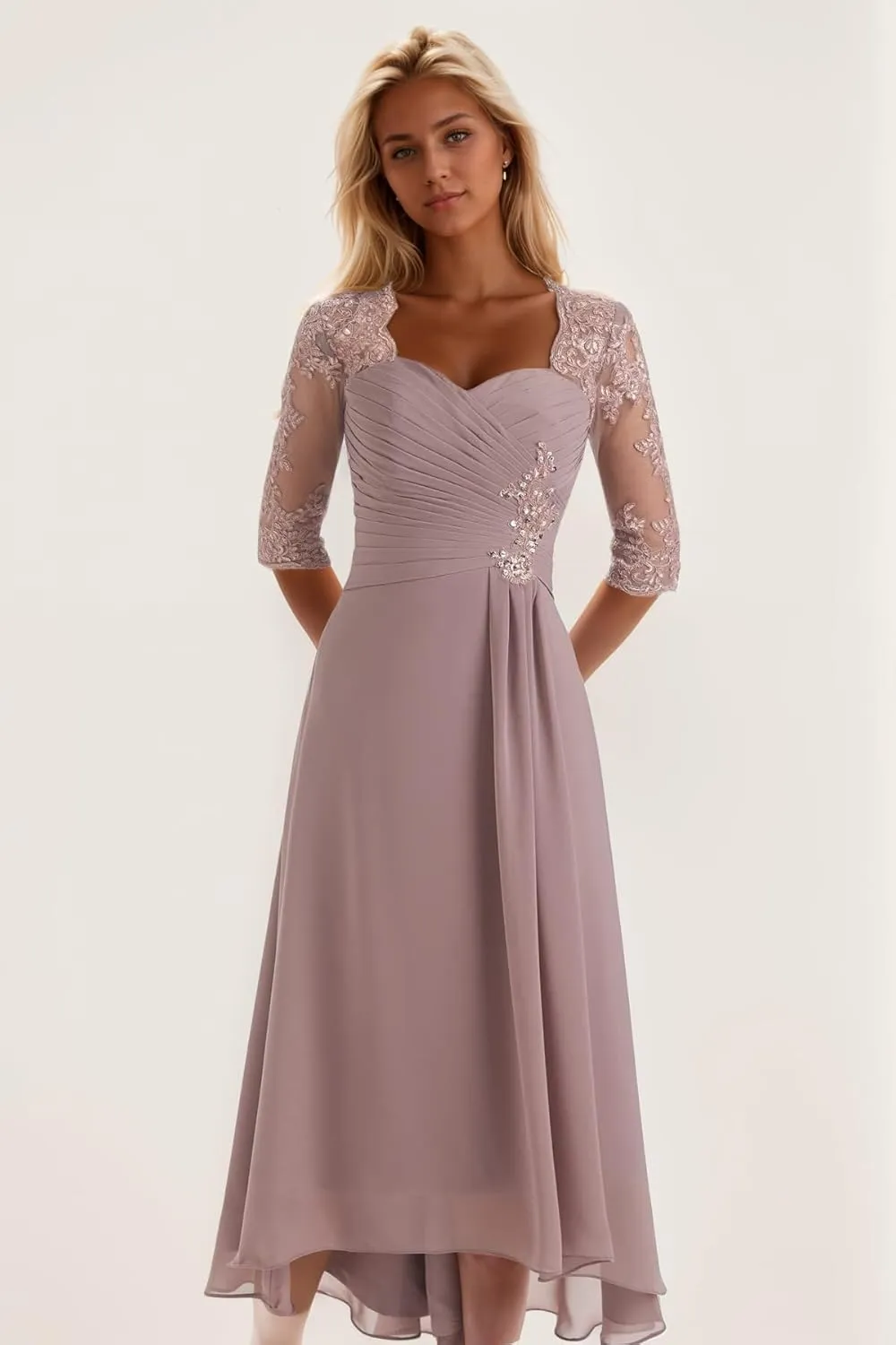 Chiffon Mother of The Bride Dresses with Sleeves Lace Beaded Tea Length Evening Gown A Line Formal Dress YB08