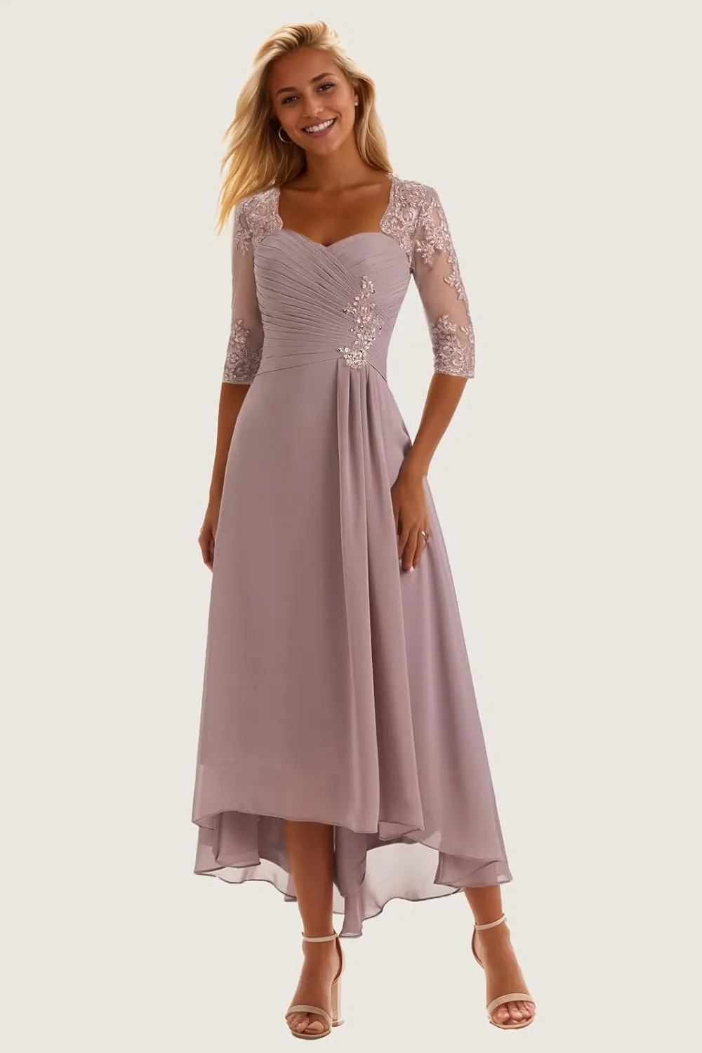 Chiffon Mother of The Bride Dresses with Sleeves Lace Beaded Tea Length Evening Gown A Line Formal Dress YB08