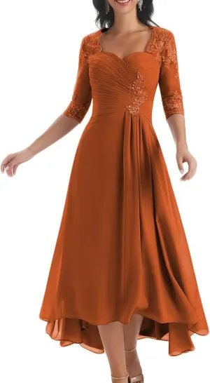 Chiffon Mother of The Bride Dresses with Sleeves Lace Beaded Tea Length Evening Gown A Line Formal Dress YB08
