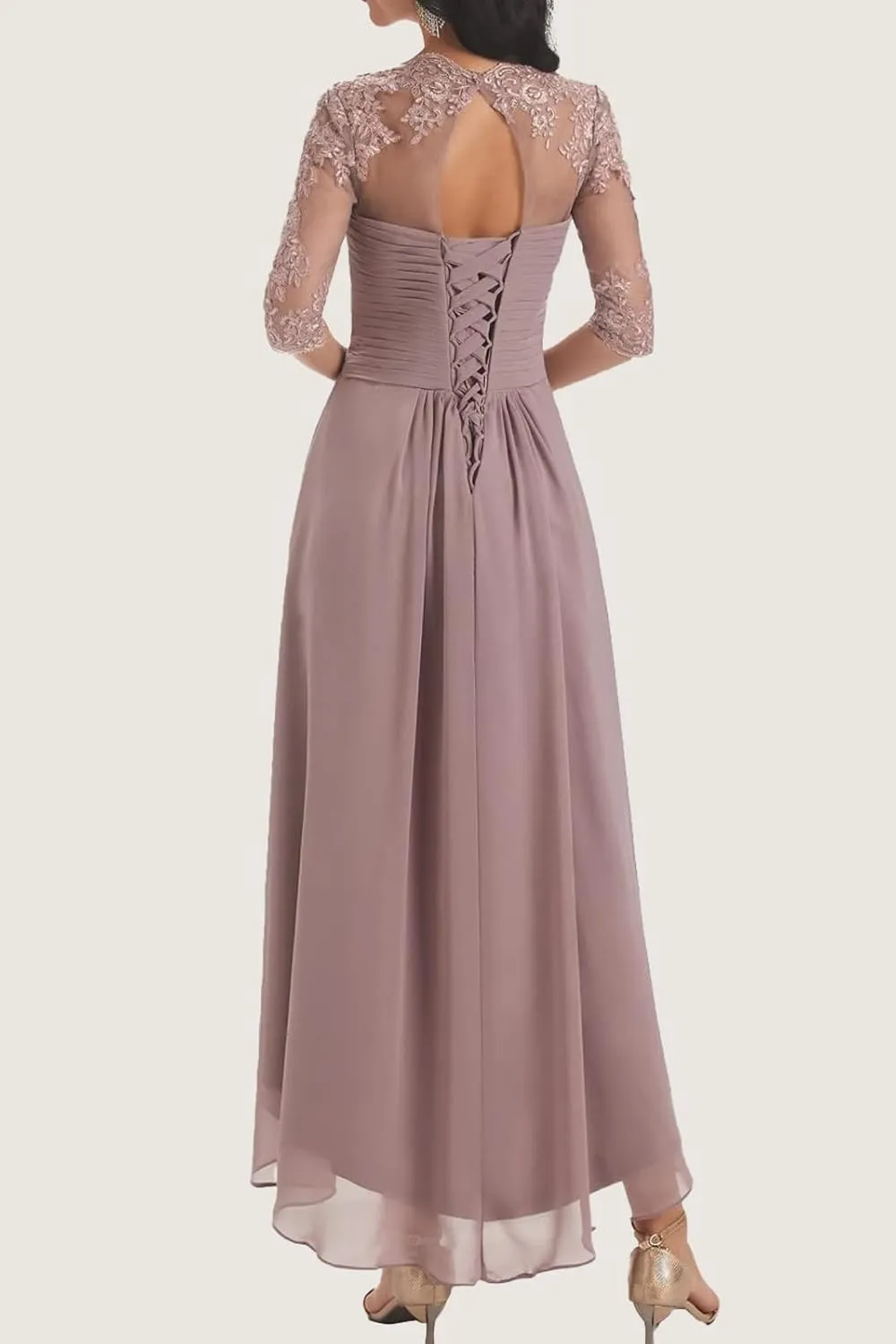 Chiffon Mother of The Bride Dresses with Sleeves Lace Beaded Tea Length Evening Gown A Line Formal Dress YB08
