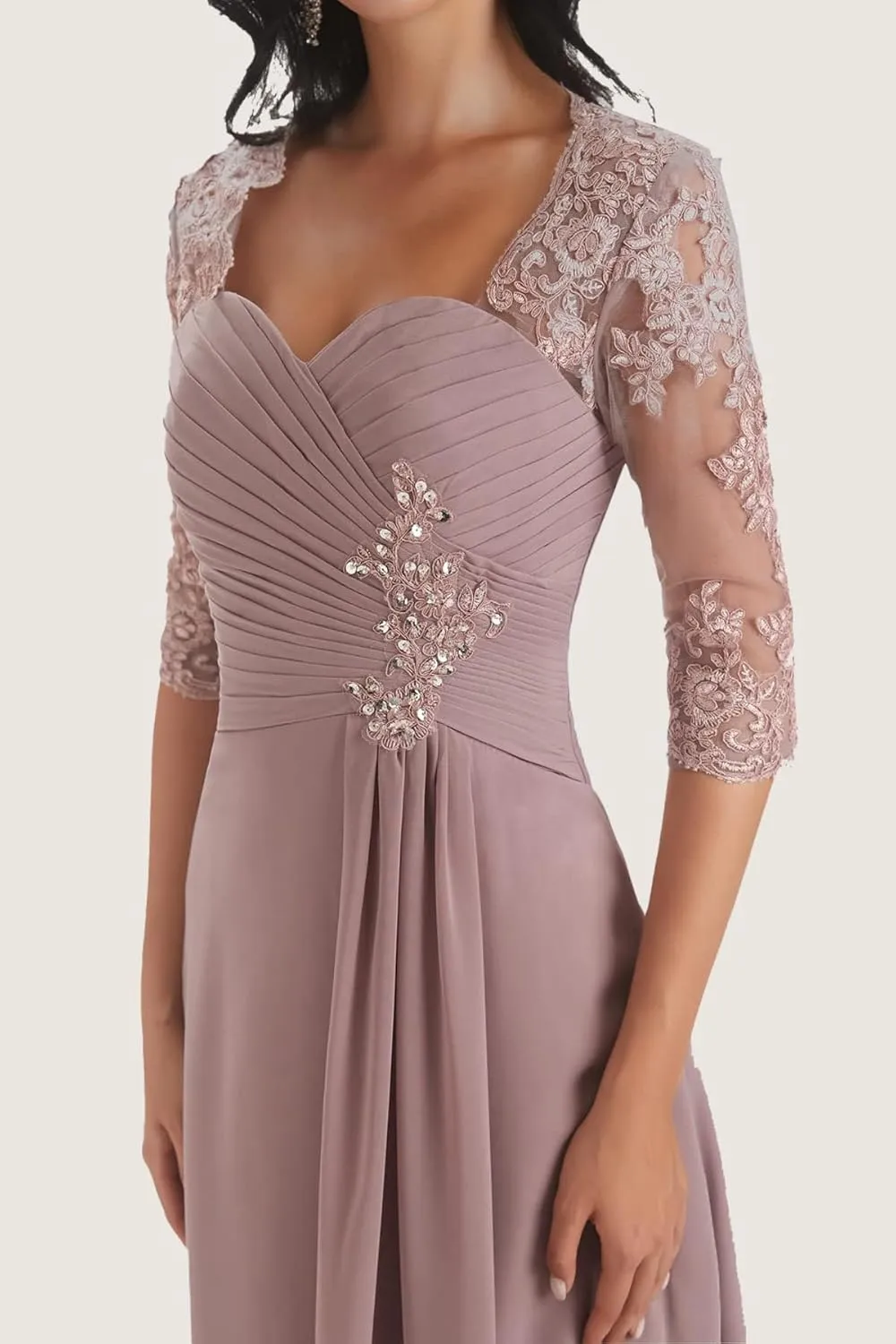 Chiffon Mother of The Bride Dresses with Sleeves Lace Beaded Tea Length Evening Gown A Line Formal Dress YB08