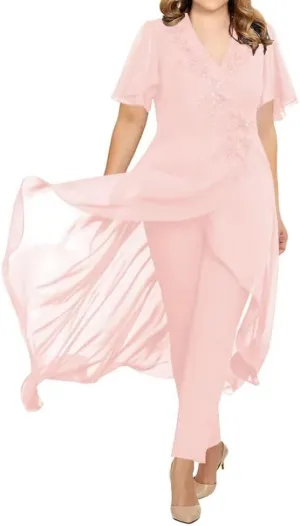 Chiffon Mother of The Bride Pantsuits for Wedding Lace Appliques 2 Pieces Pant Suits for Women Dressy with Sleeves