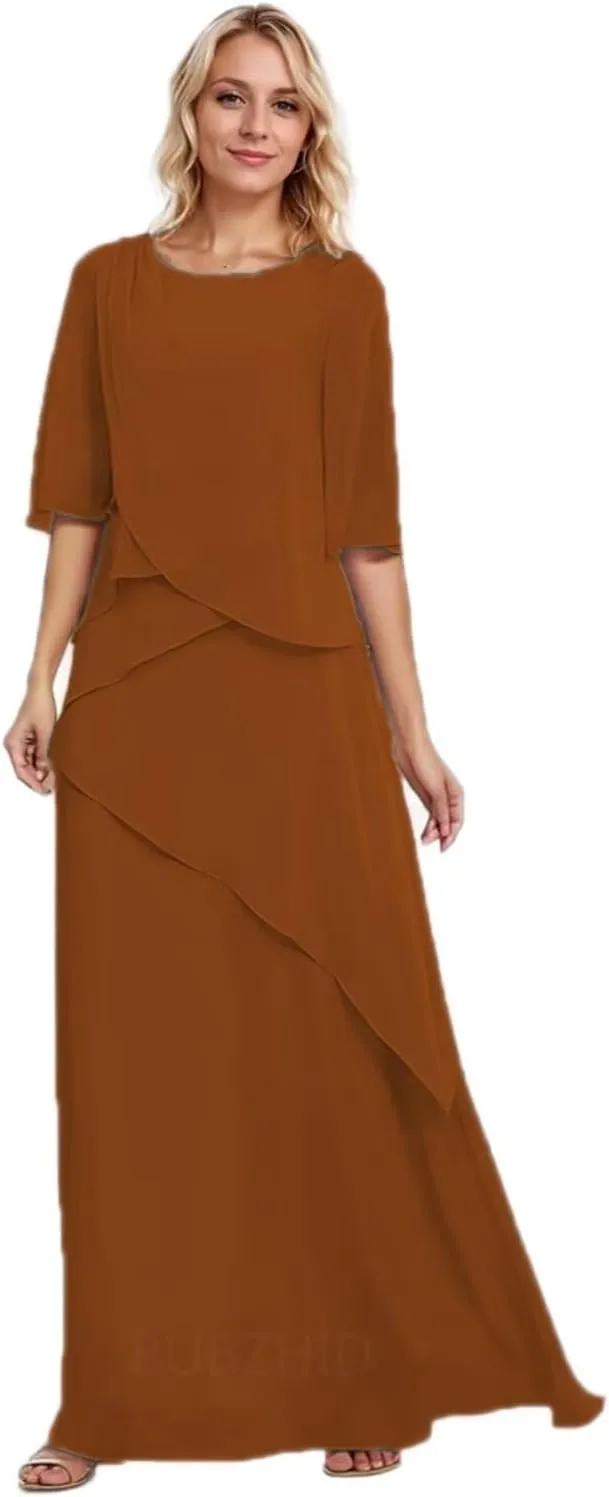 Chiffon Ruffles Mother of The Bride/Groom Dresses for Women A-Line Elegant Formal Dresses with Sleeves