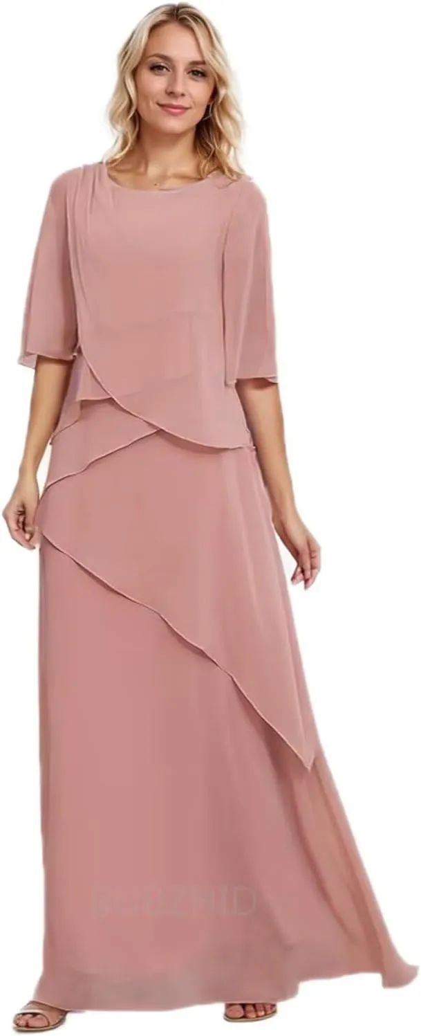 Chiffon Ruffles Mother of The Bride/Groom Dresses for Women A-Line Elegant Formal Dresses with Sleeves