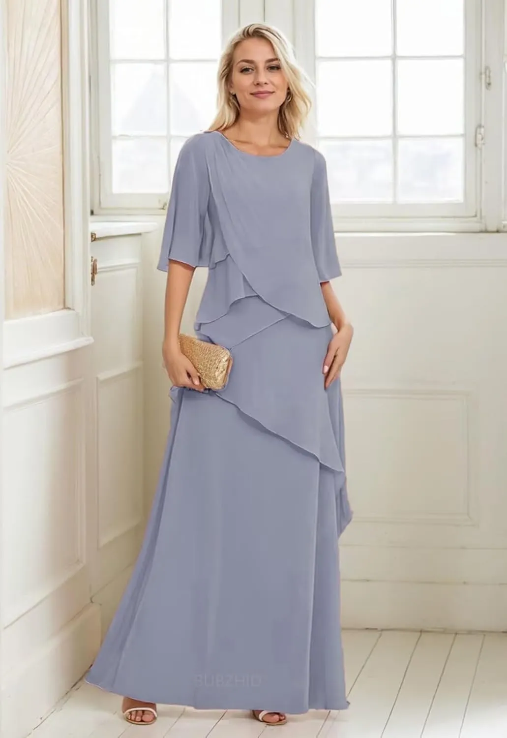 Chiffon Ruffles Mother of The Bride/Groom Dresses for Women A-Line Elegant Formal Dresses with Sleeves