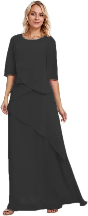 Chiffon Ruffles Mother of The Bride/Groom Dresses for Women A-Line Elegant Formal Dresses with Sleeves