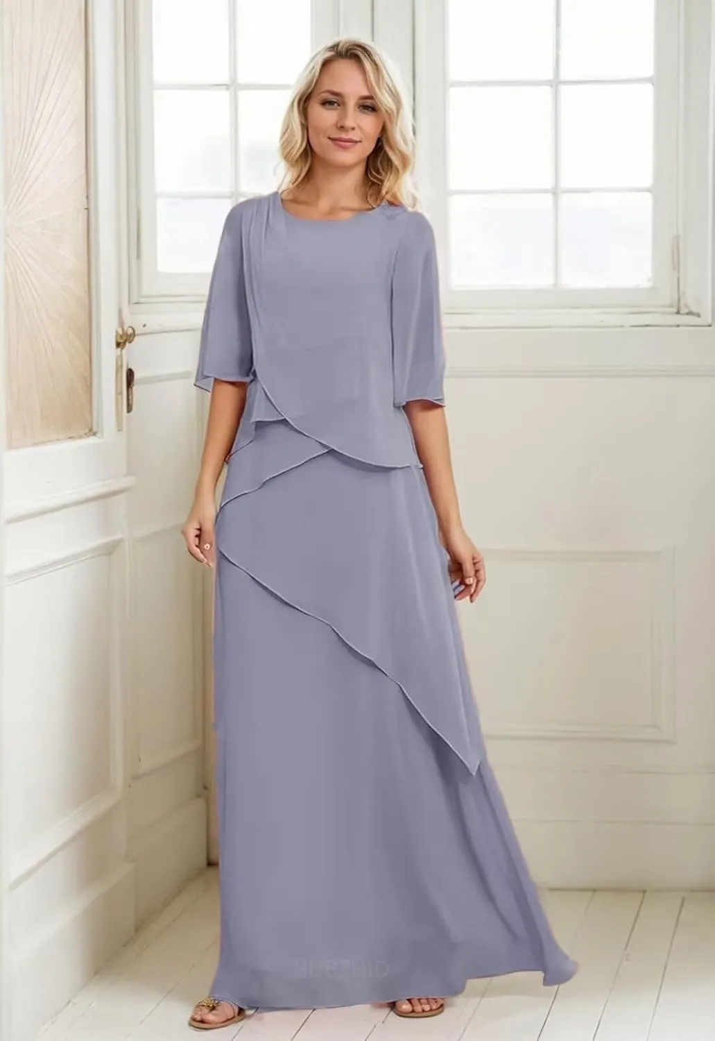 Chiffon Ruffles Mother of The Bride/Groom Dresses for Women A-Line Elegant Formal Dresses with Sleeves