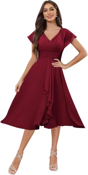 Chiffon Short Bridesmaid Dresses for Women V Neck A-Line Short Sleeve Ruffle Corset Maid of Honor Dress