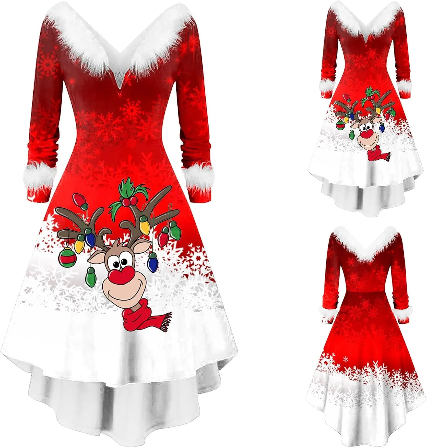 Christmas Dress for Women Elegant Vintage Long Sleeve V-Neck Off Shoulder Asymmetrical Retro Tunic A Line Dress