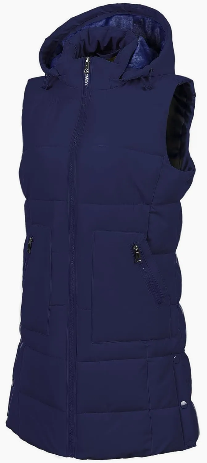 Chrisuno Women's Long Warm Puffer Vest Fleece Sleeveless Vests Waterproof Outerwear With Removable Hood
