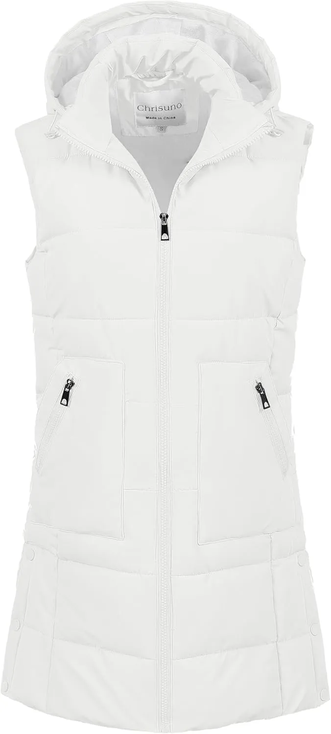 Chrisuno Women's Long Warm Puffer Vest Fleece Sleeveless Vests Waterproof Outerwear With Removable Hood