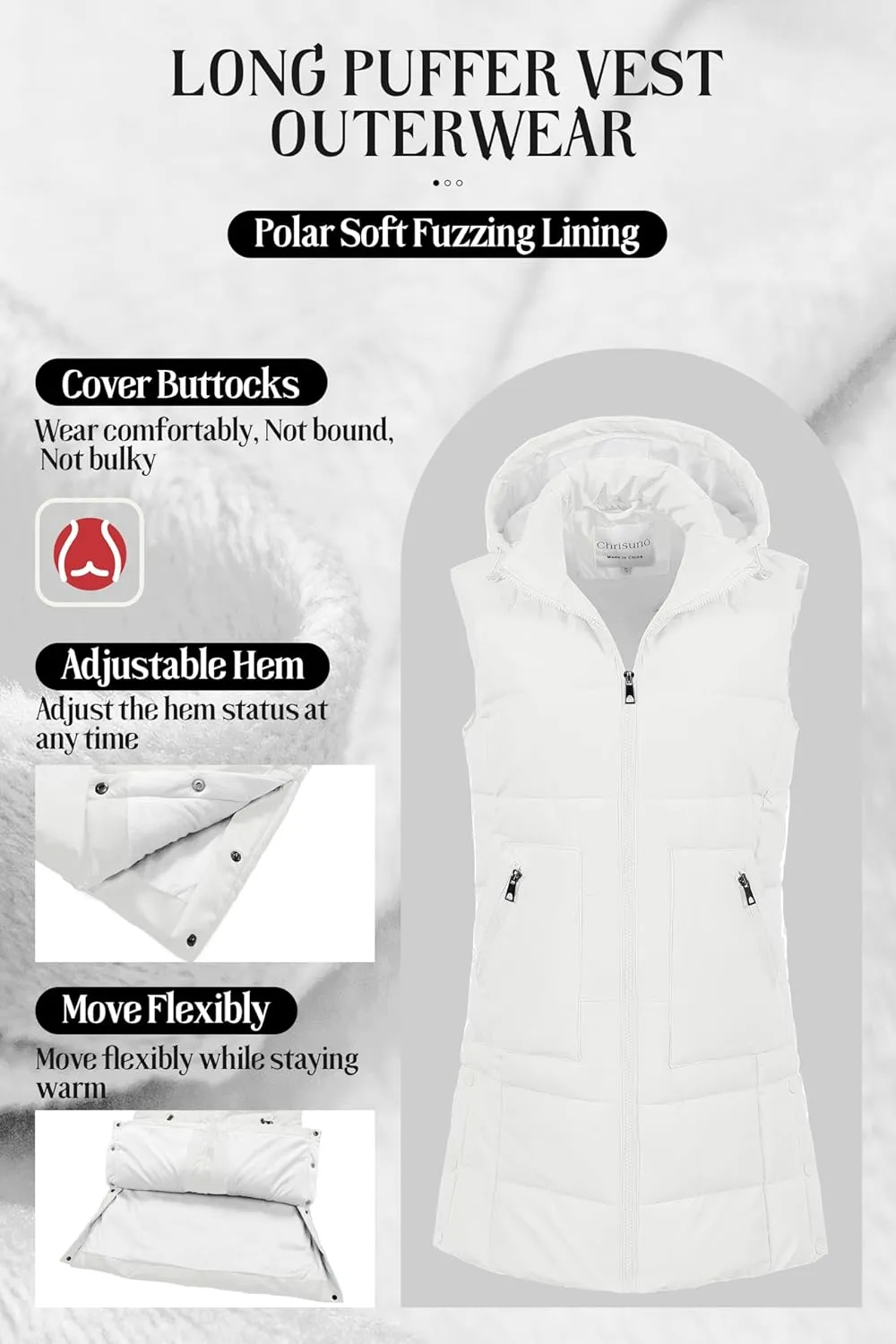 Chrisuno Women's Long Warm Puffer Vest Fleece Sleeveless Vests Waterproof Outerwear With Removable Hood